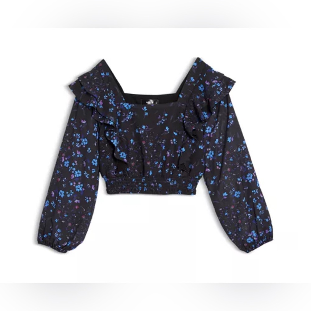 Aqua Girls Floral Print Ruffled Top Big Kid Exclusive Color Black Multi L 10/12